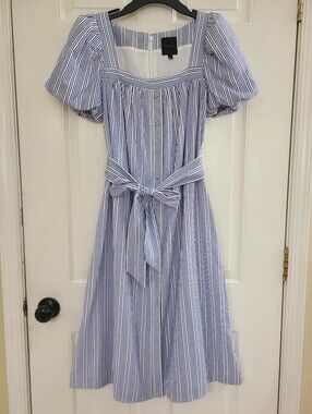 Alex Marie Square Neck Striped Midi Flare Dress Size 4 Puff Sleeve